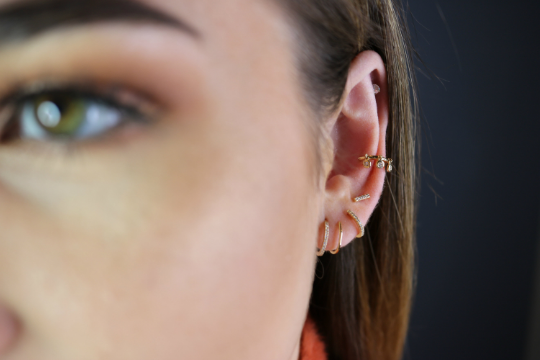 14K Solid Gold Diamond Spiral Earrings | Double Piercing Hoop Illusion